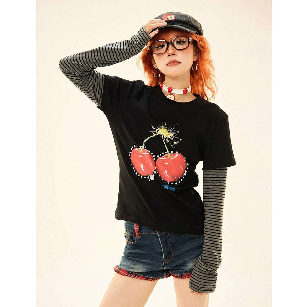 Cherry Print Fake Layered Long Sleeve T-Shirt MW9330