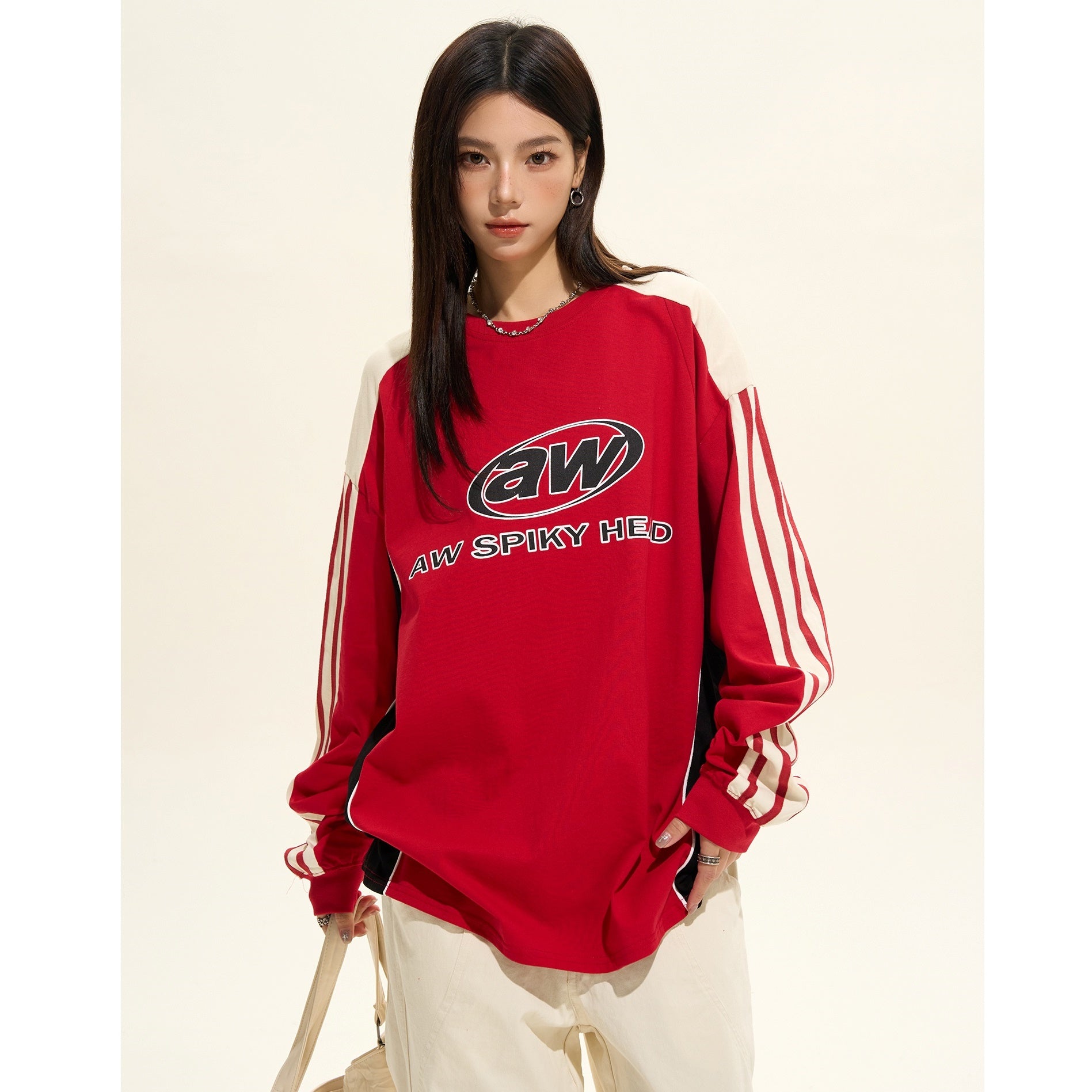 Sporty Contrasting Three-bar Long Sleeve Pullover MW9402