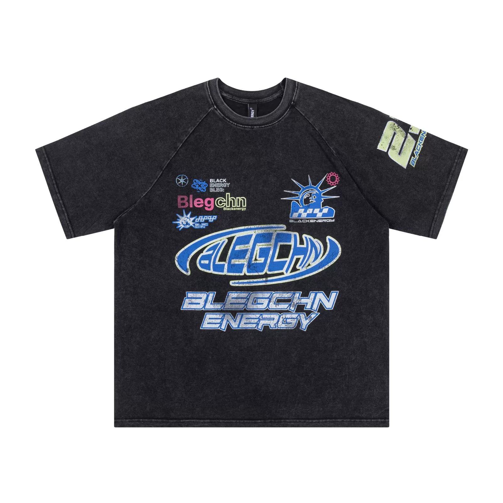 Distressed Washed Logo Printed Raglan Sleeve T-Shirt EZ109