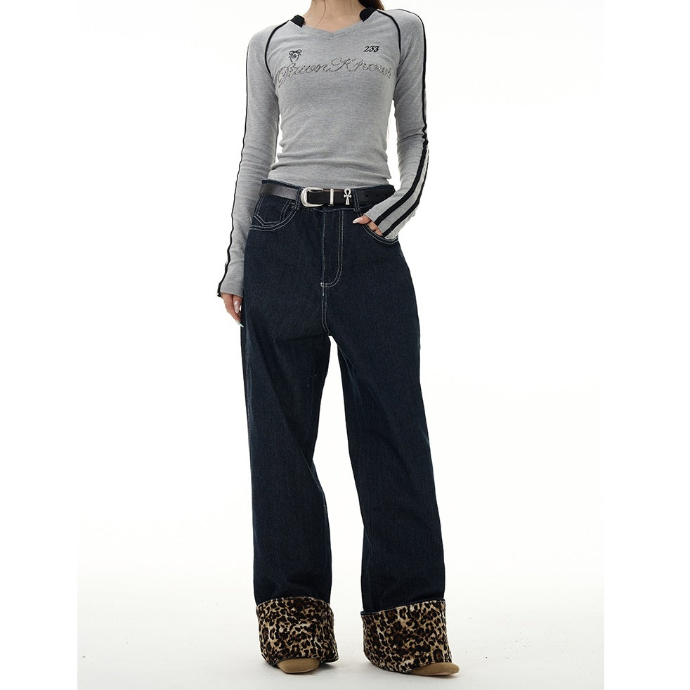 Rolled Leopard Print Loose Straight Jeans MW9273