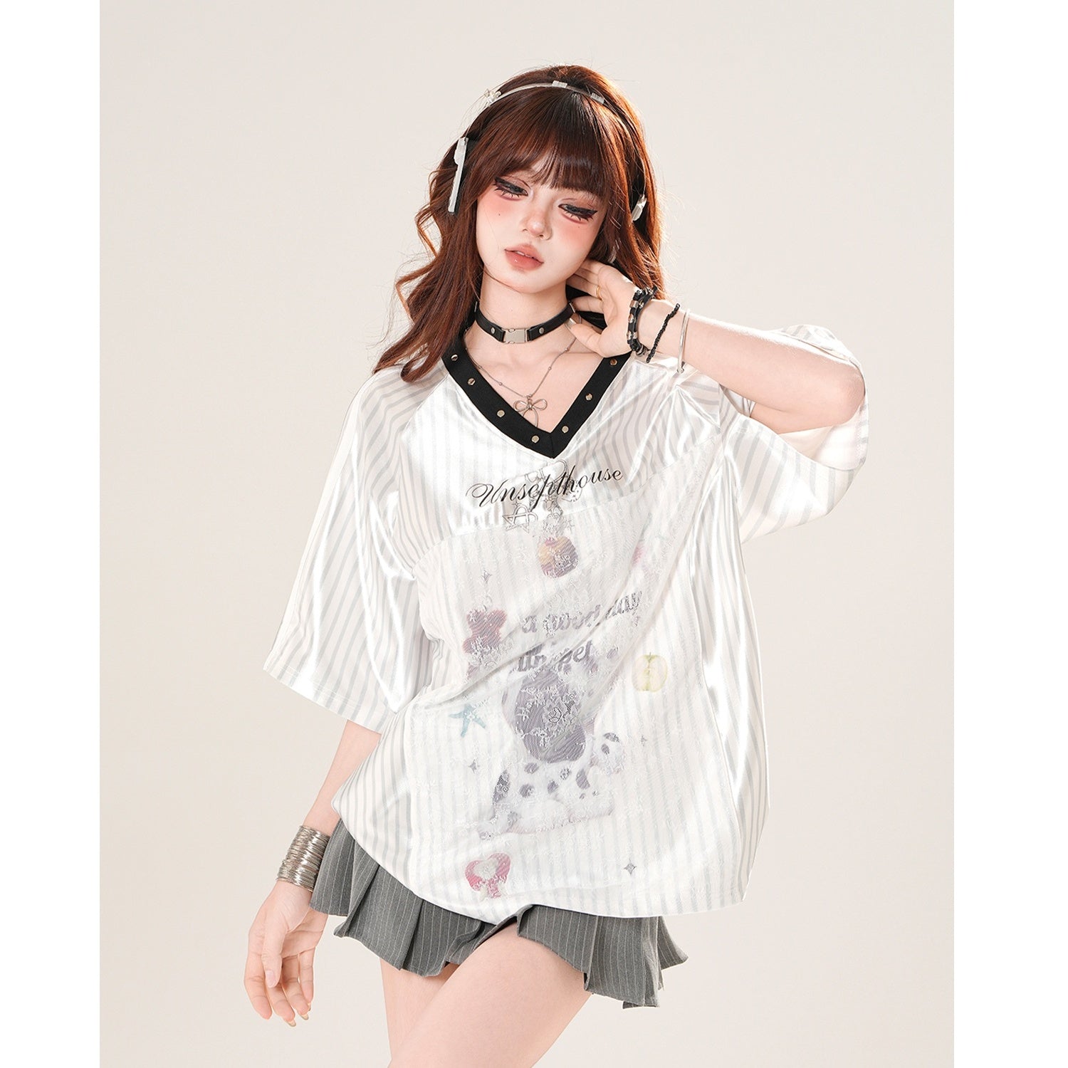 V-neck Stripe Loose Shiny T-shirt KK2032