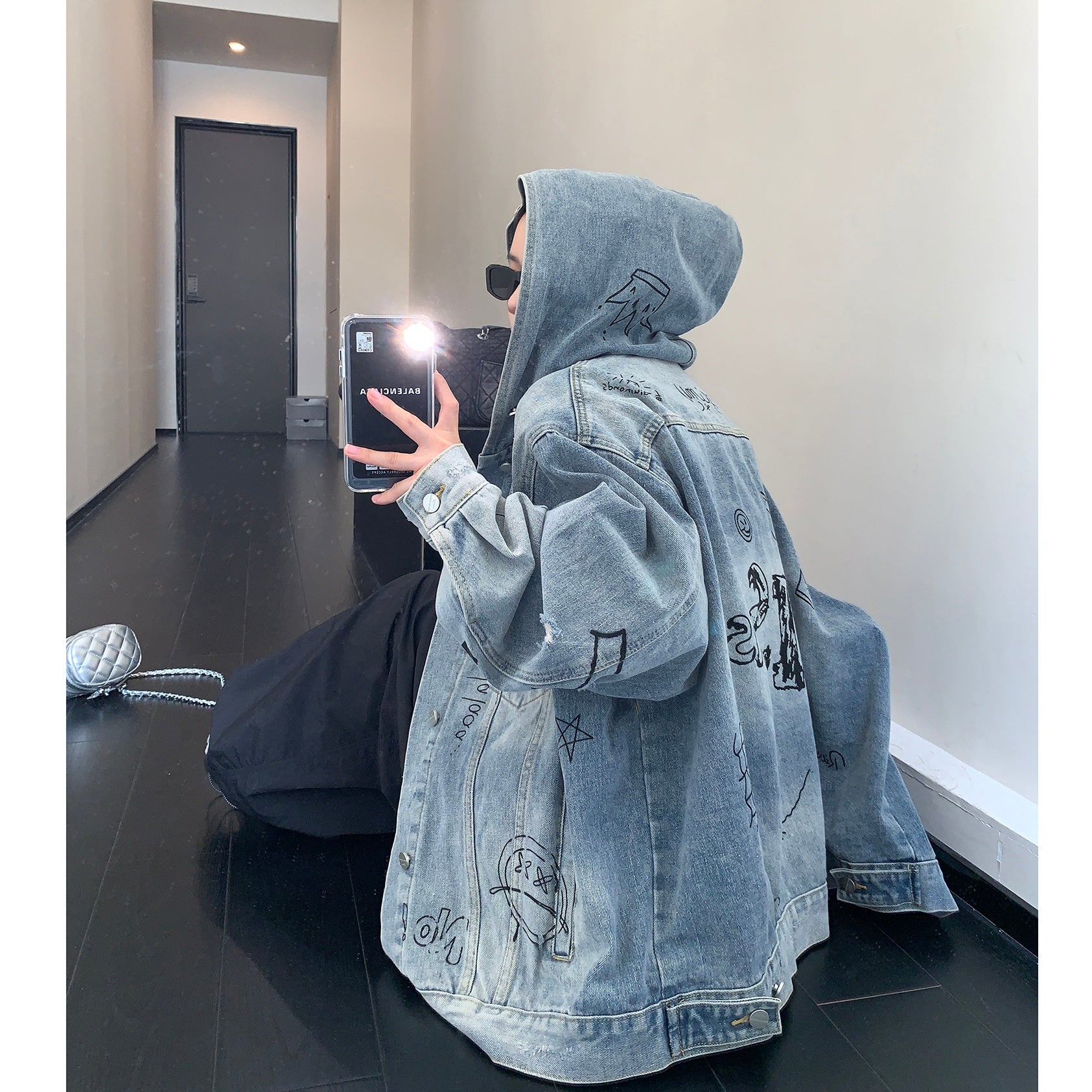 Distressed Graffiti Hooded Denim Jacket MW9502