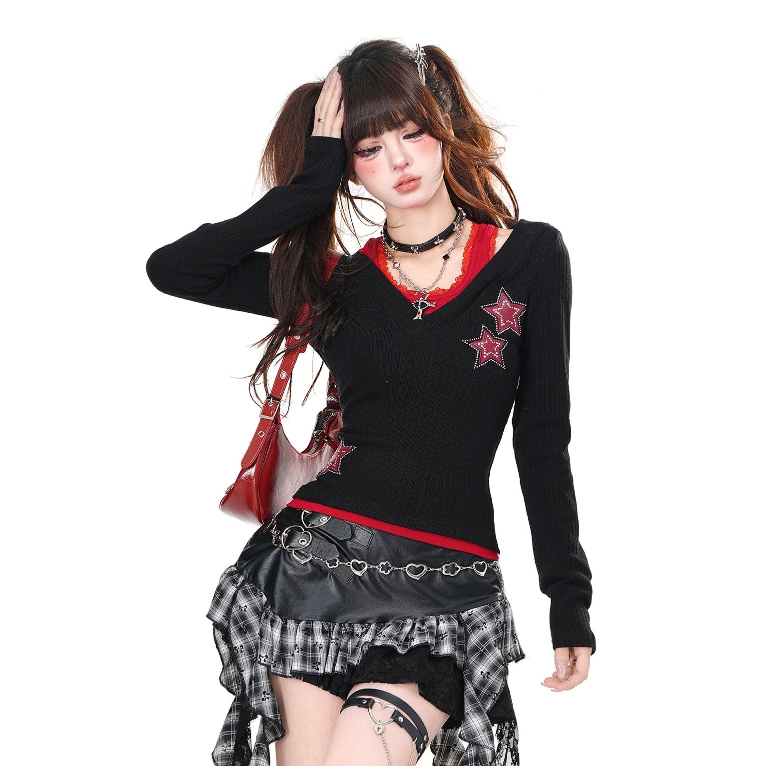 Fake Two Knitted Off-shoulder Cutsew KK2051