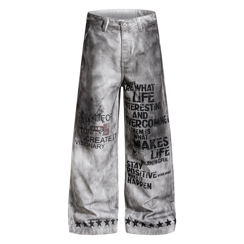 Stained Letter Star Graffiti Print Wide-leg Pants MW10355