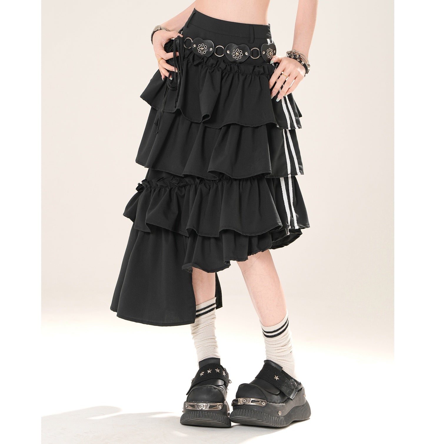 Asymmetry Side Line Tiered Skirt KK2036