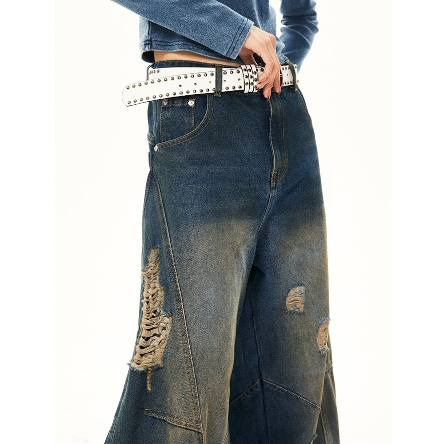 Retro Washed Ripped Stitch Design Loose Jeans YS7007