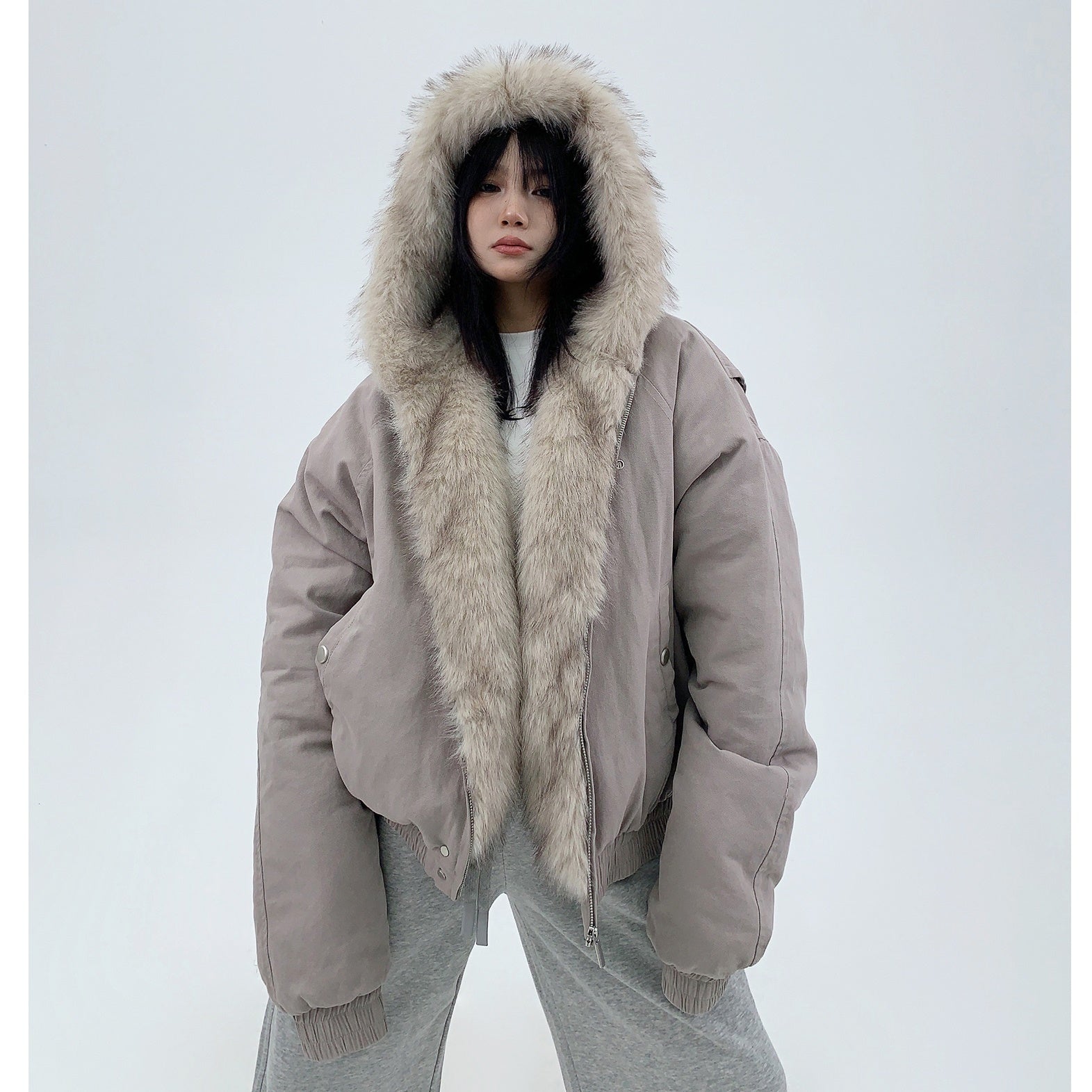 Fur Collar Hooded Zipper Quilting Jacket MW9638