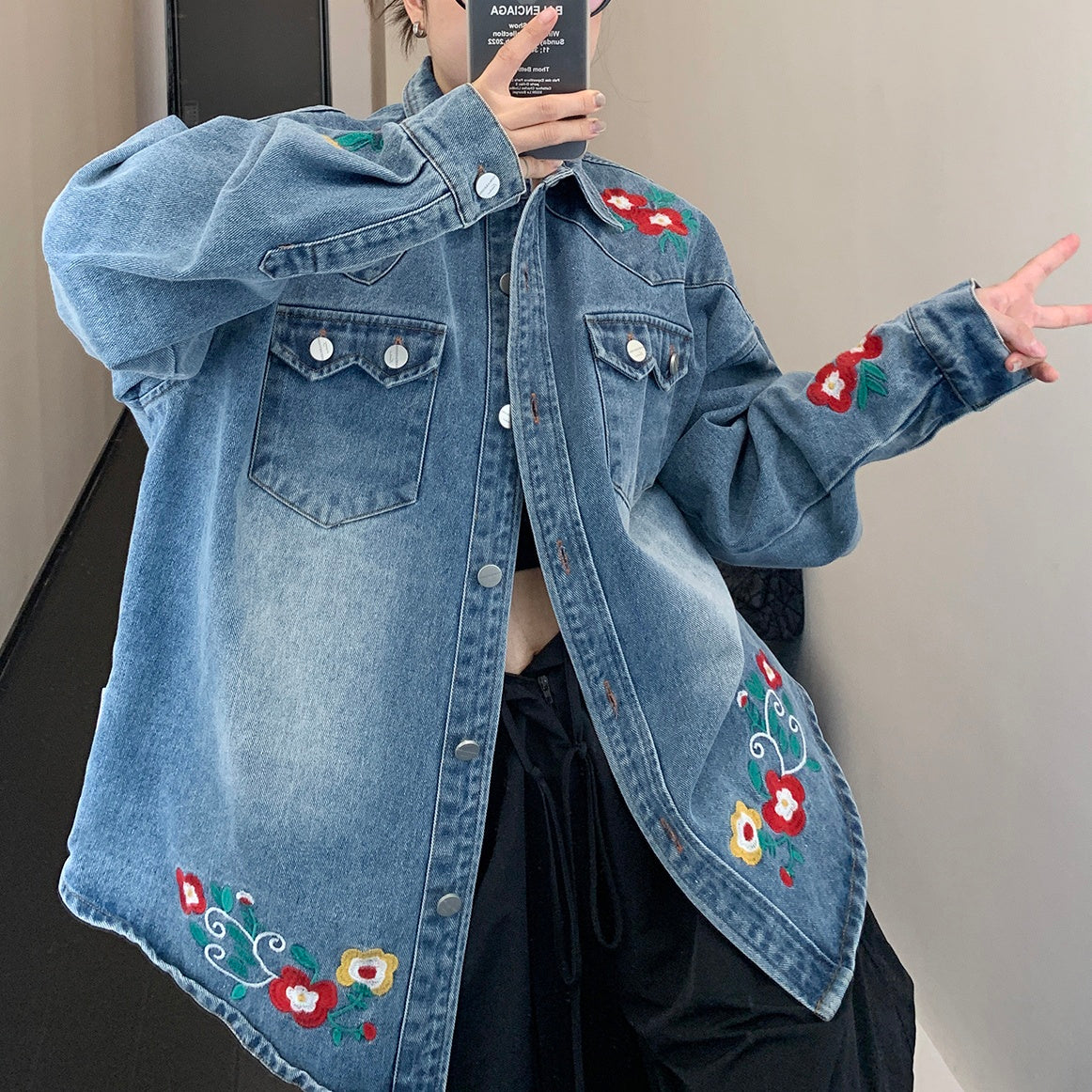 Flower Embroidered Denim Shirt Jacket MW9850