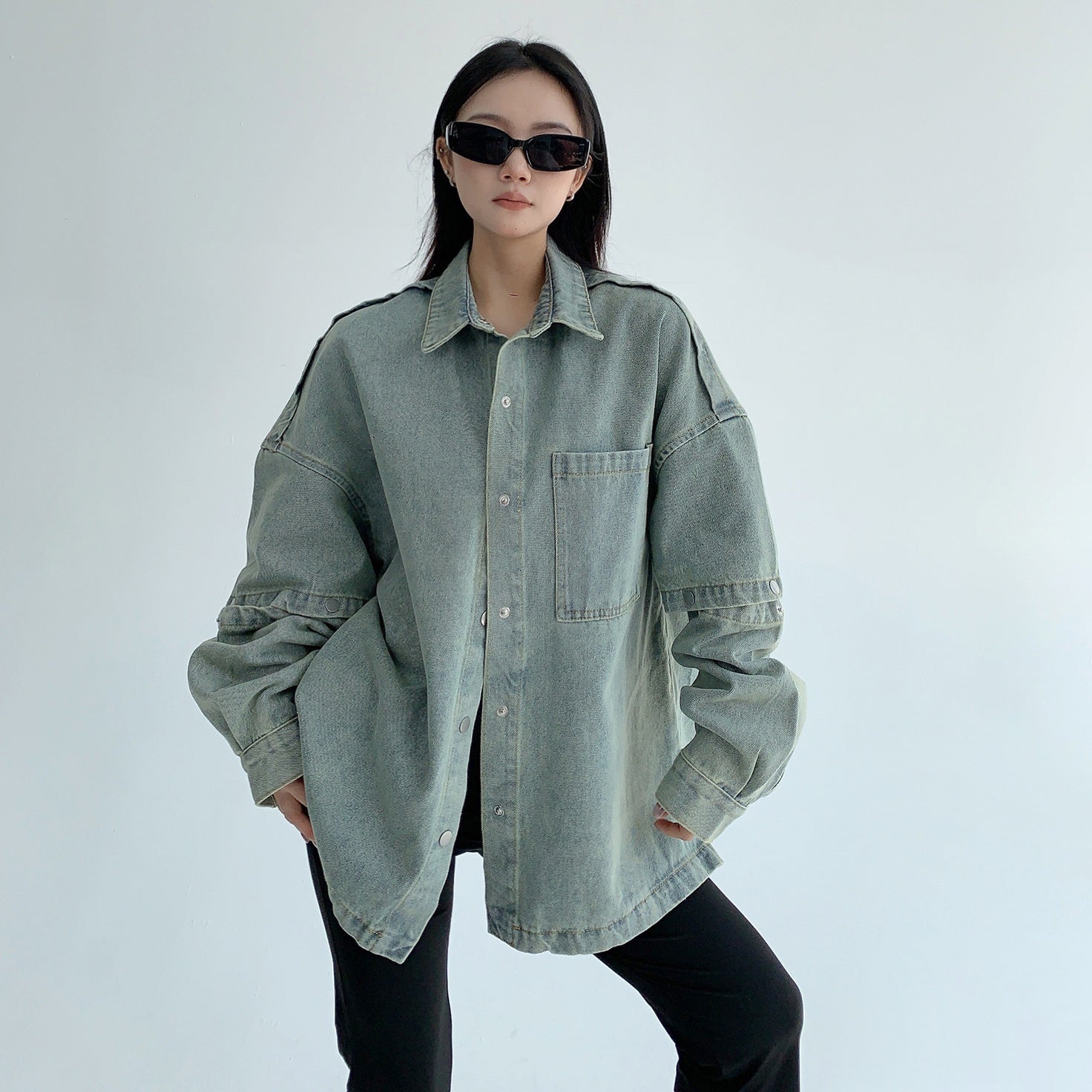 Sleeve Detachable Denim Shirt Jacket MW9566