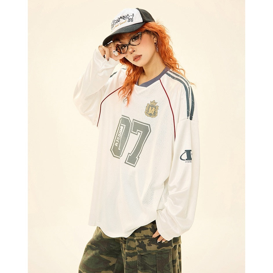 Letter Print Mesh Switching Long Sleeve T-shirt MW9345