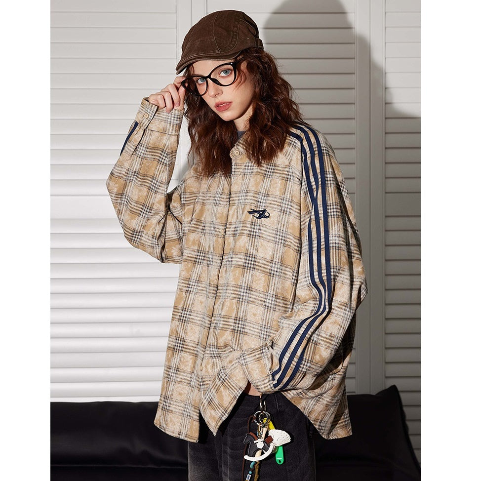 Contrast Stripe Panel Plaid Long-sleeved Shirt BT7019