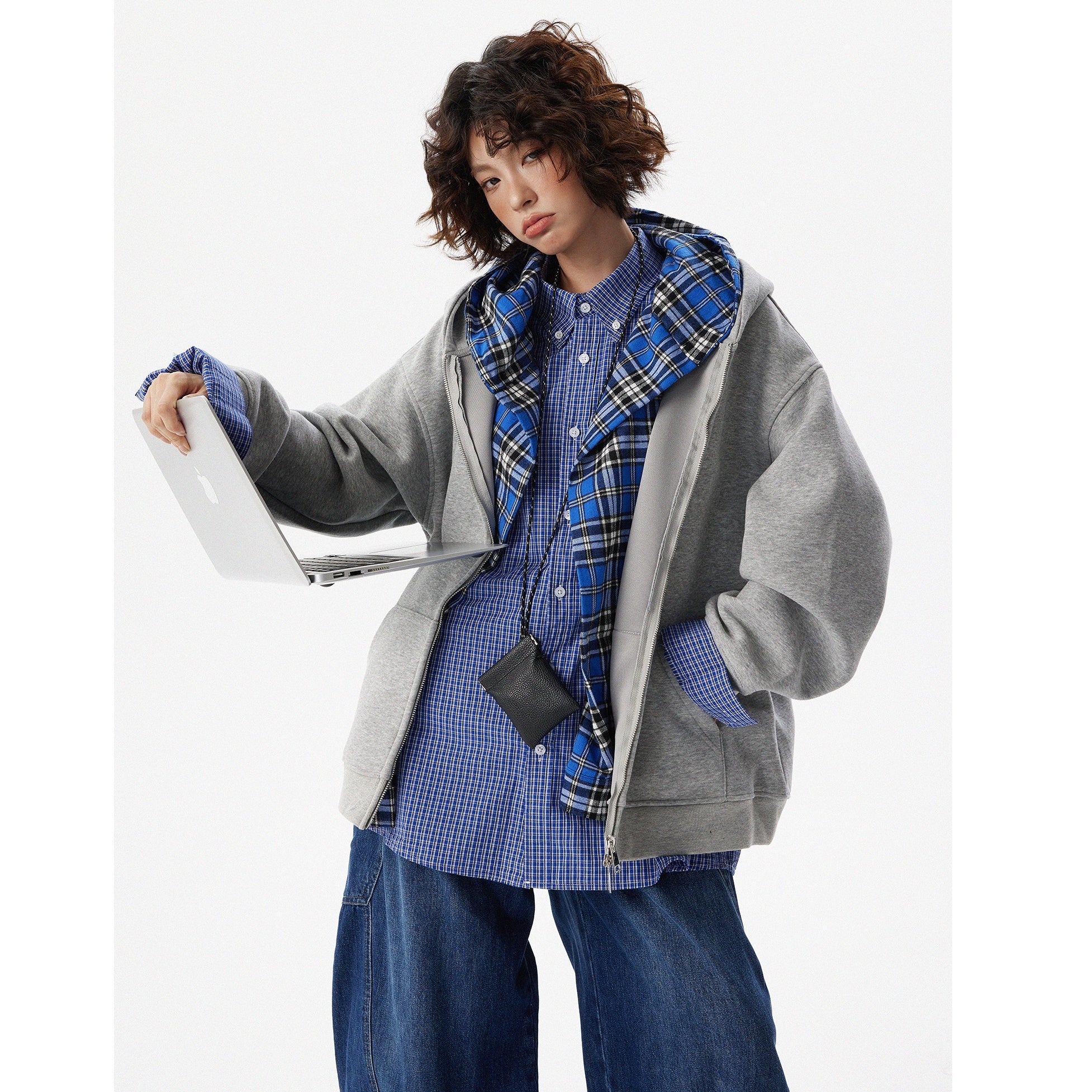 Fake 2Piece Design Plaid Shirt Stitch Hooded Parka HG7194