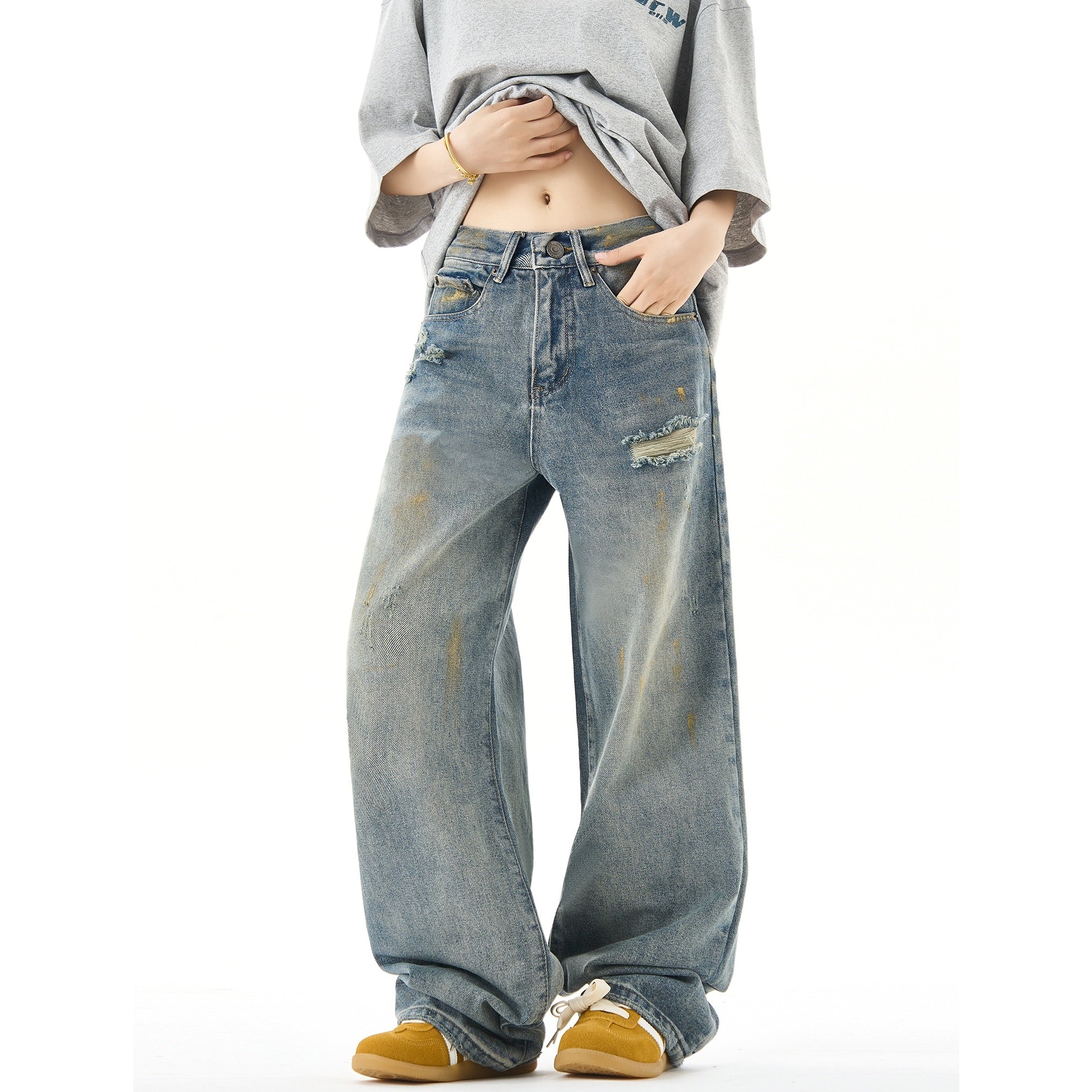 Vintage Washed Distressed Unisex Jeans HG7088