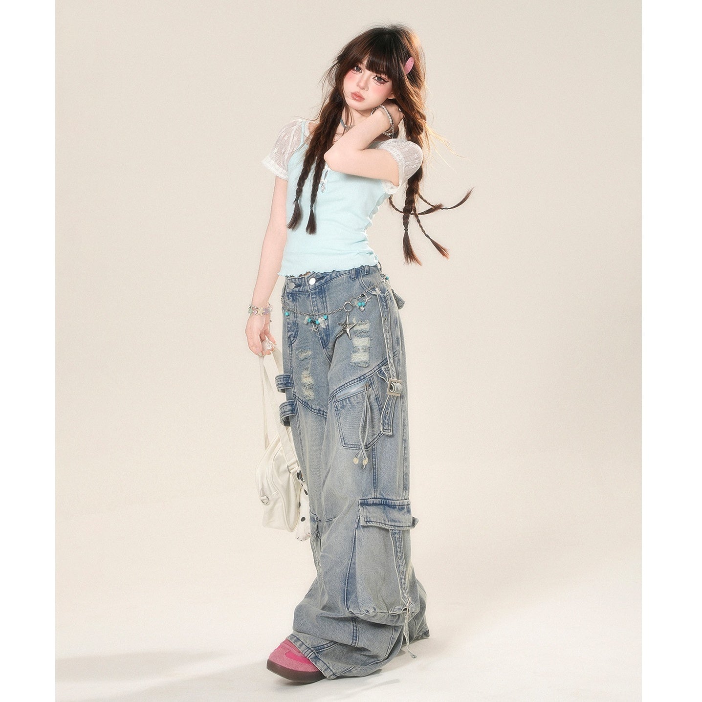 Ripped Wide Buggy Cargo Jeans KK2056
