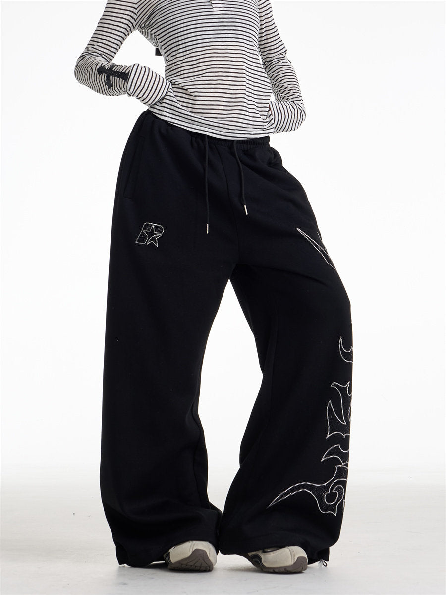 Rhinestone Letter Loose Wide-leg Sweat Pants MW10329