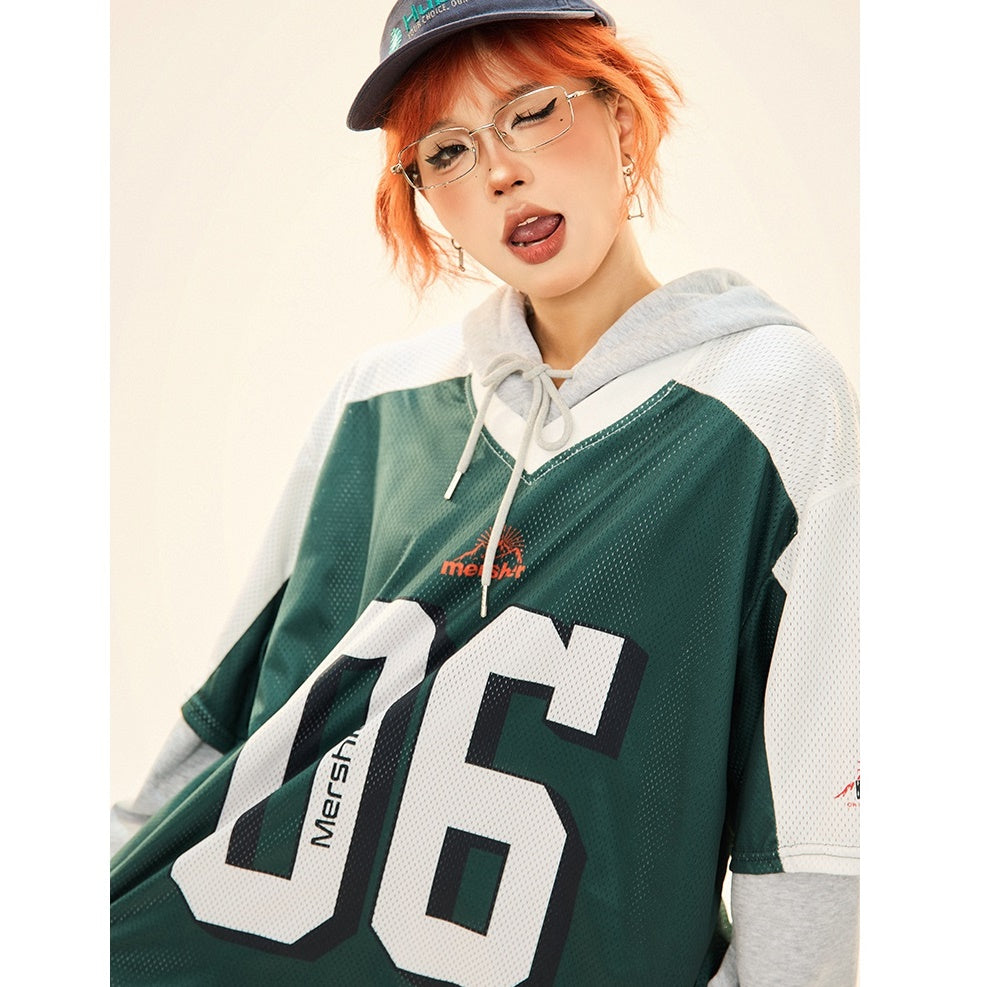 Vintage Fake Layered Sporty Hooded Pullover MW9333