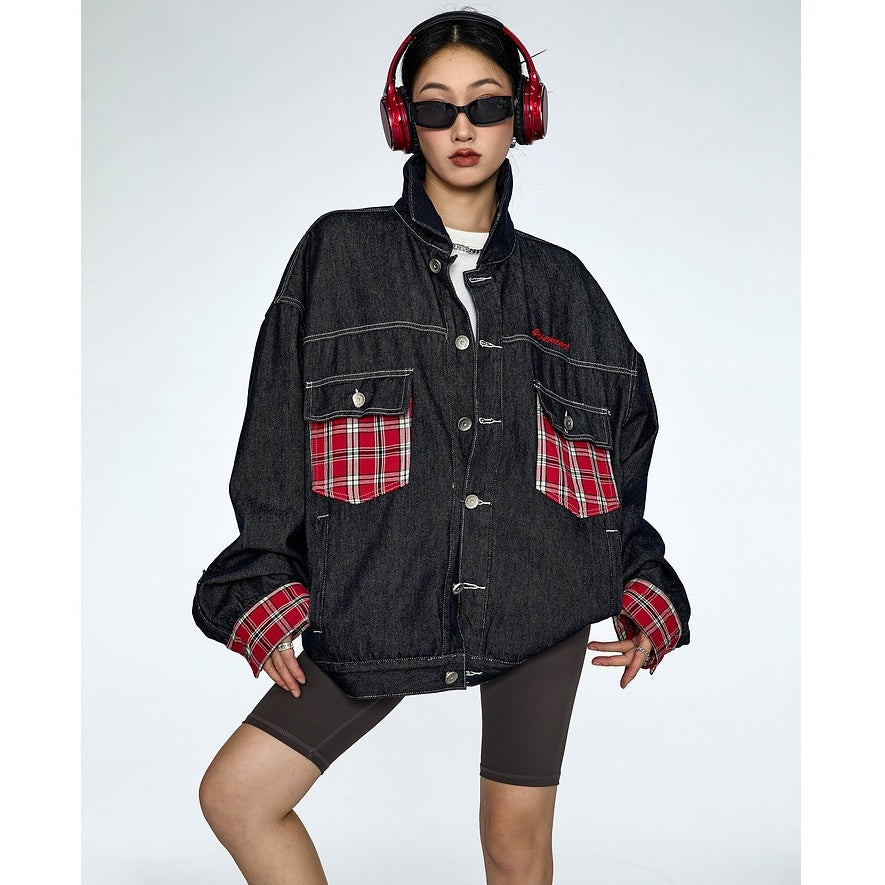 Plaid Patchwork Loose Denim Jacket MW9317