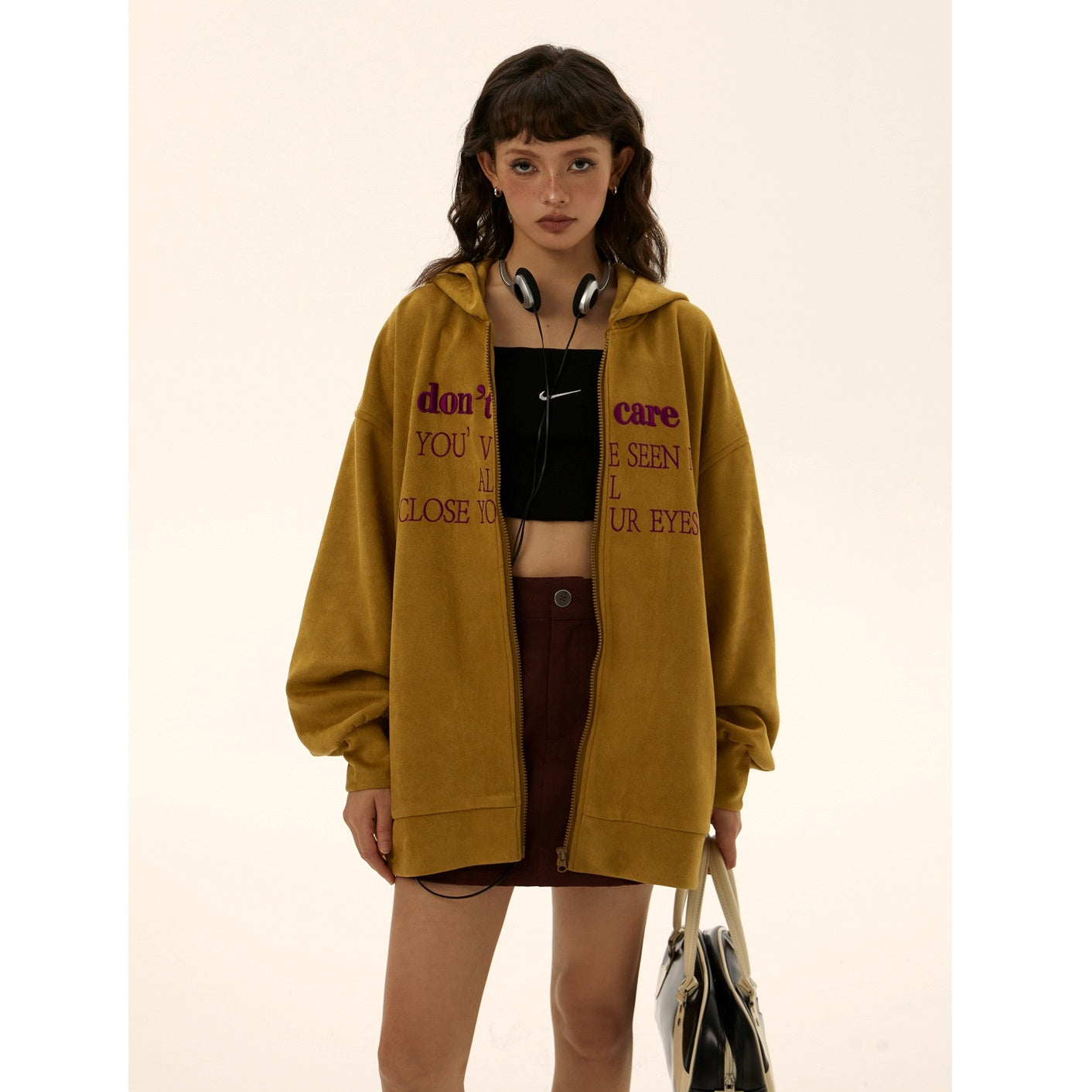 Oversize Fake Suede Letter Embroidery Parka EZ139