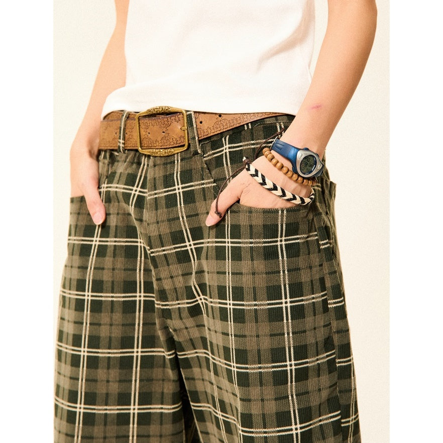 Retro Plaid Straight Leg Loose Cropped Pants YS7011