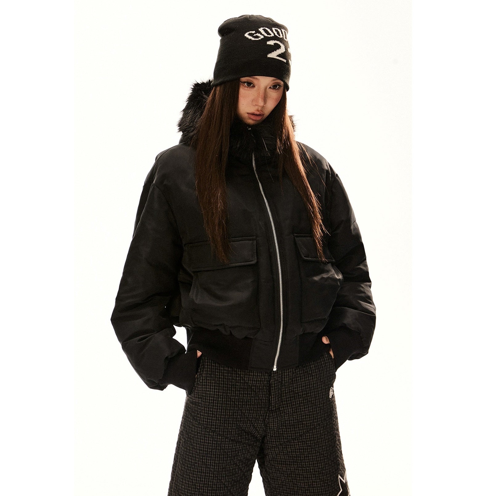 Fur Collar Hooded Cropped Down Jacket EZ206