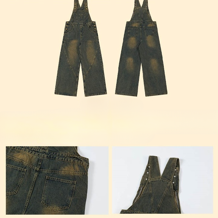 Washed Distressed Design Denim Overall MW9336