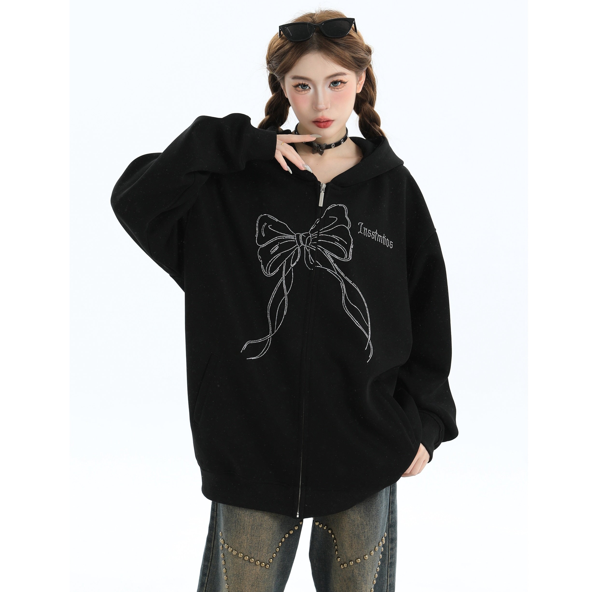 Rhinestone Bow Logo Loose Hooded Zip Parka IN7012