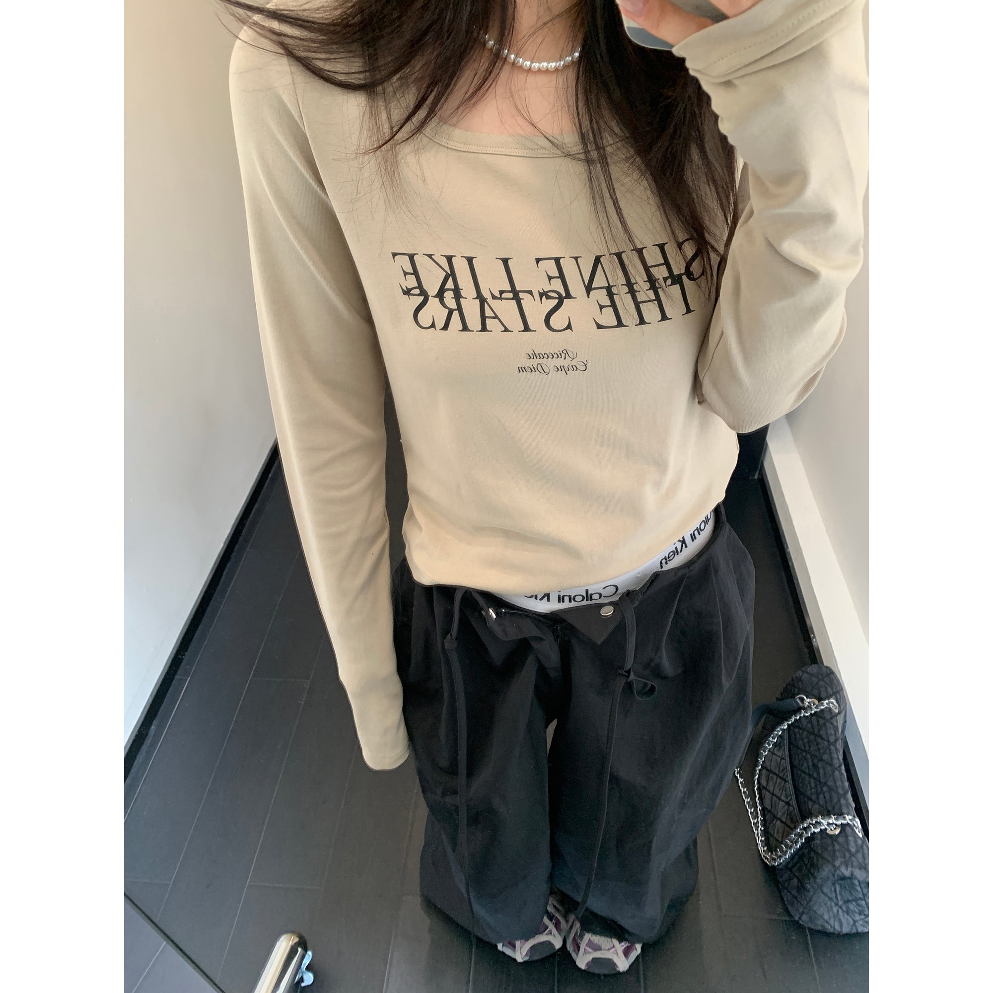 Slim Square Collar Letter Long T-shirt MW9311