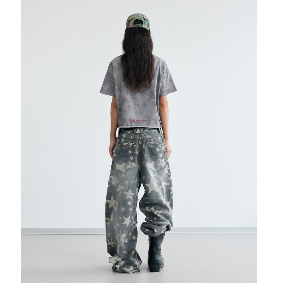 Vintage Cropped Print Washed T-shirt PS7014