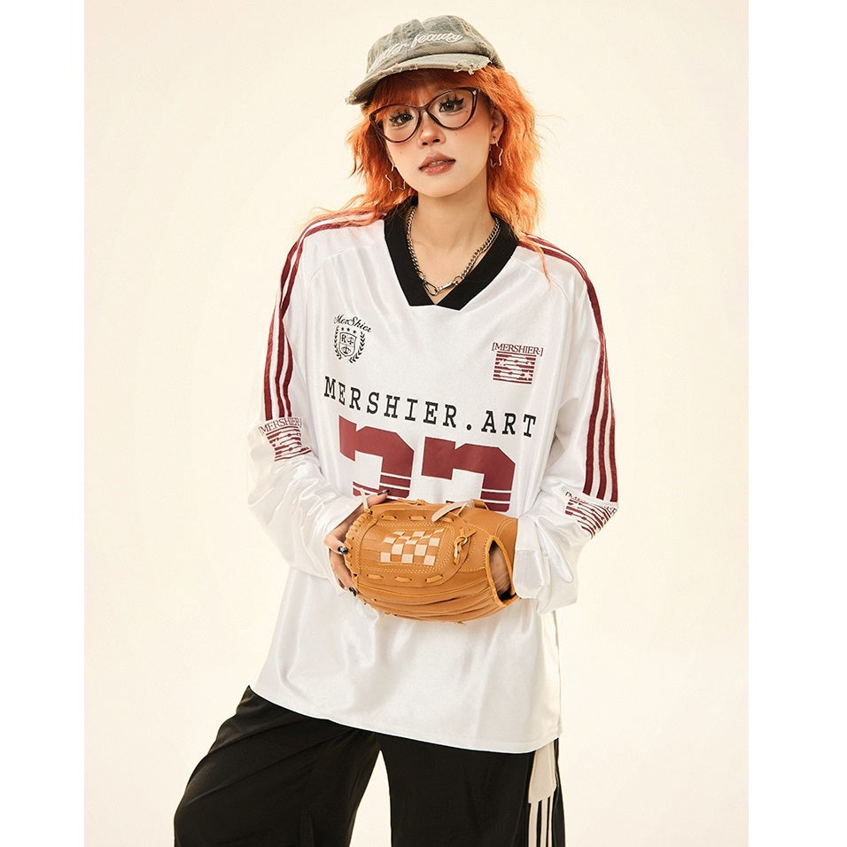 V-neck Sports Style Jersey Long-sleeved T-shirt MW9285