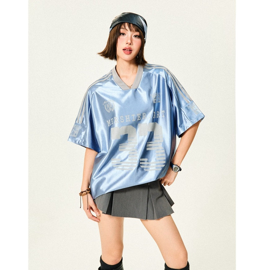 Loose V-Neck Sports Style Shiny T-Shirt YS7003