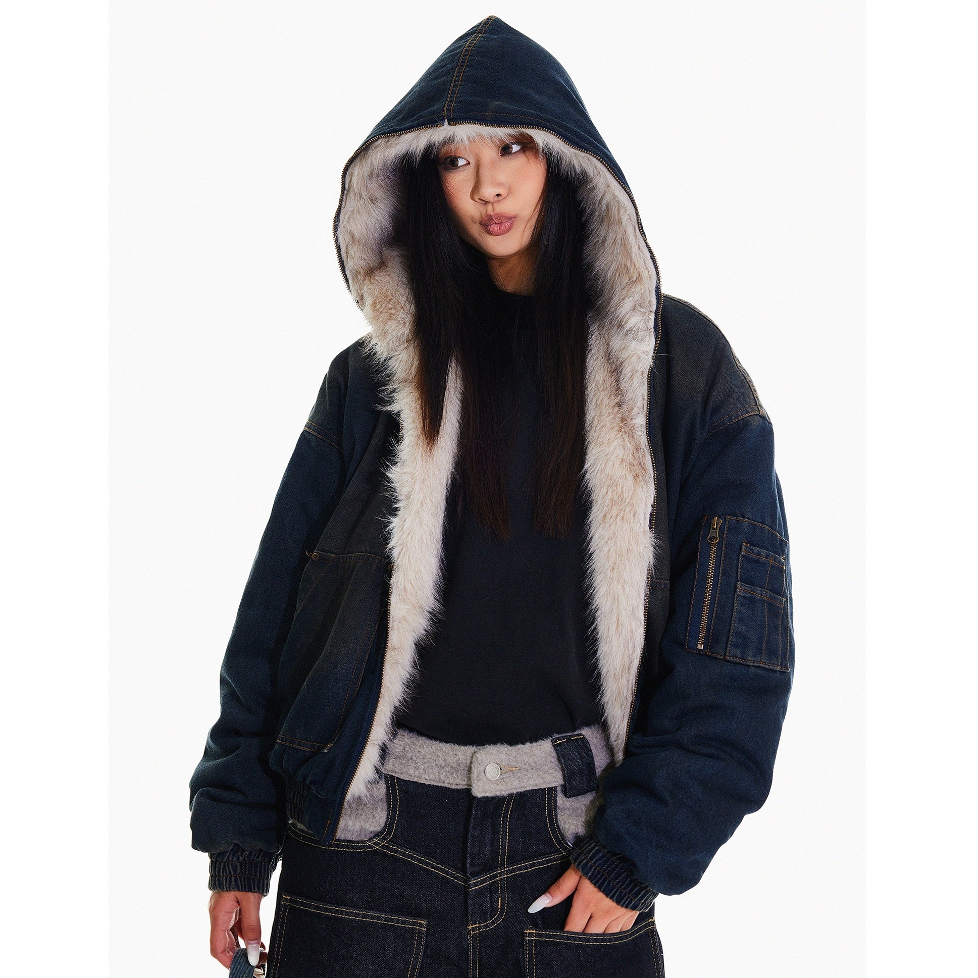 Fur Stitch Denim Hooded Quilting Jacket HG7198