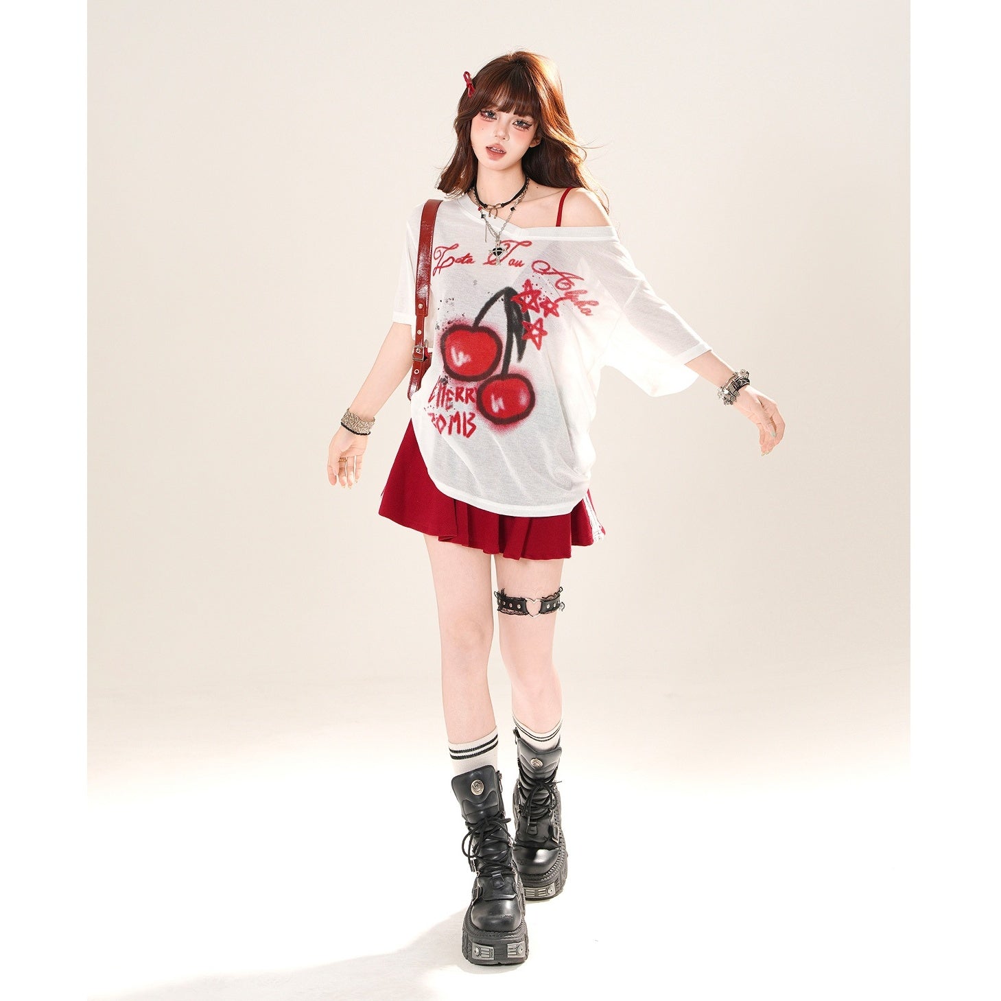 Cherry Print Loose Slanted Shoulder T-Shirt KK2035