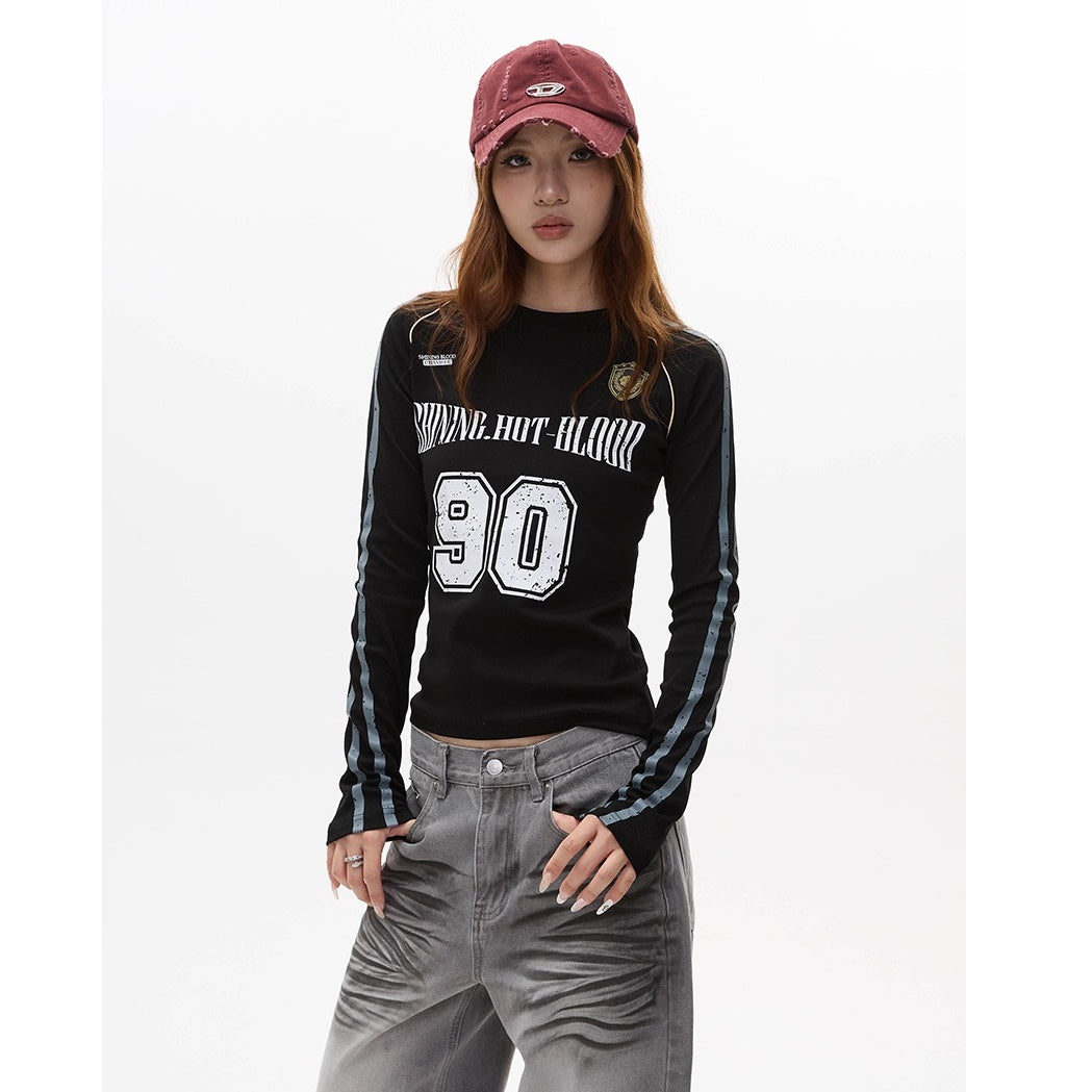 Letter Print Long Sleeve Line Slim T-shirt MW9279