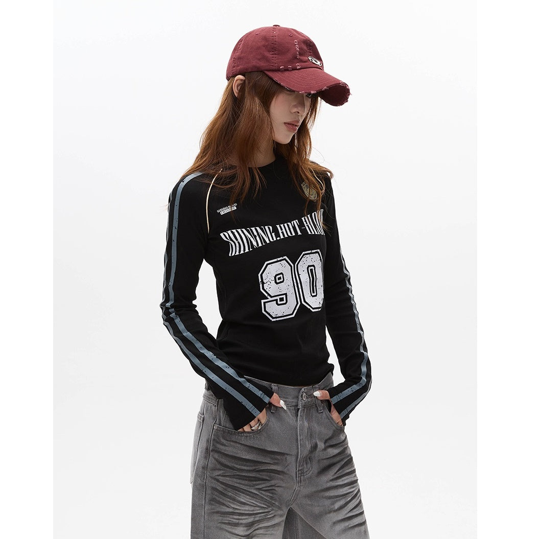 Letter Print Long Sleeve Line Slim T-shirt MW9279