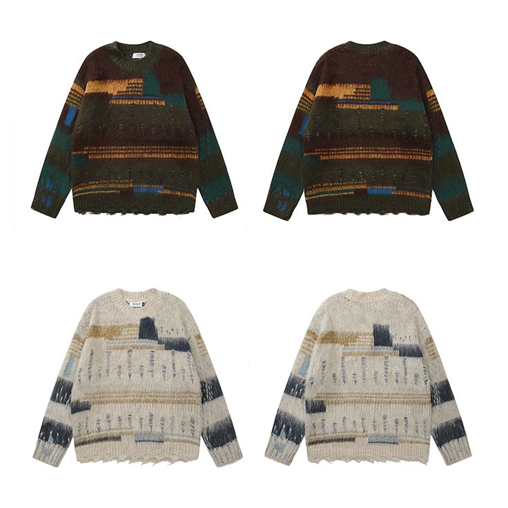 Retro Ripped Crewneck Shaggy Sweater MW9789