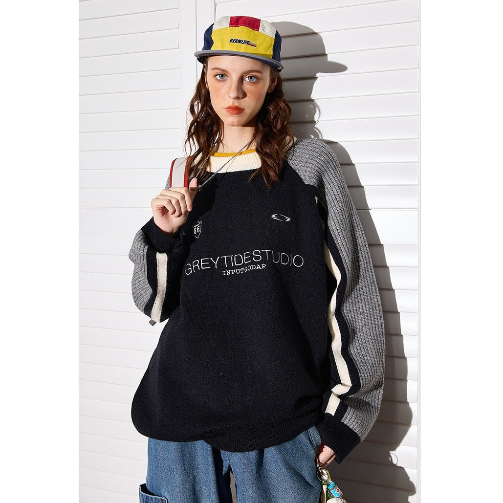 Color Stitching Crew Neck Retro Sweater MW9471