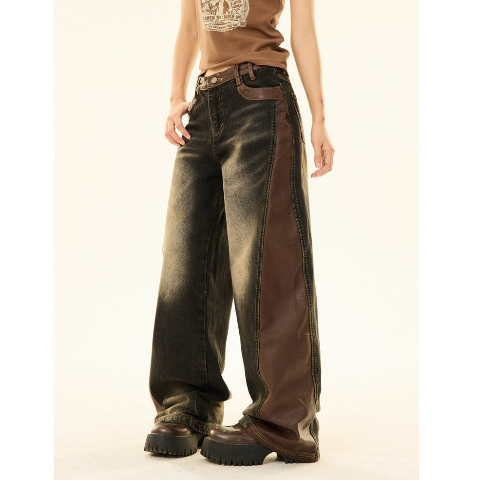 Leather Patchwork Distressed Loose Straight-leg Jeans MW9227