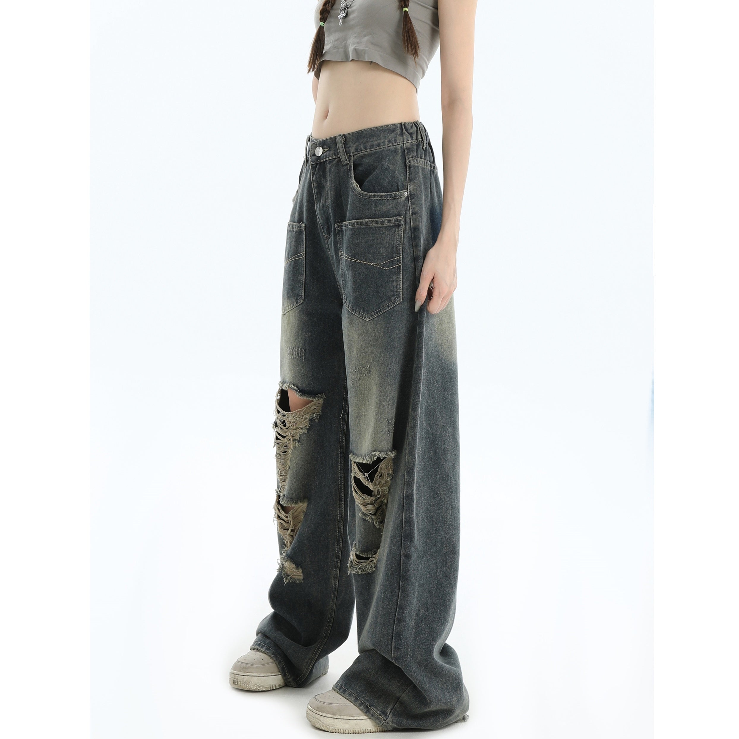 Gradient Ripped Wash Front Pocket Loose Jeans MW9361