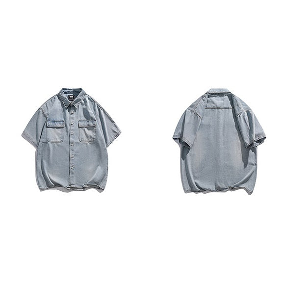 Distressed Denim Short-sleeved Work Shirt MW9164