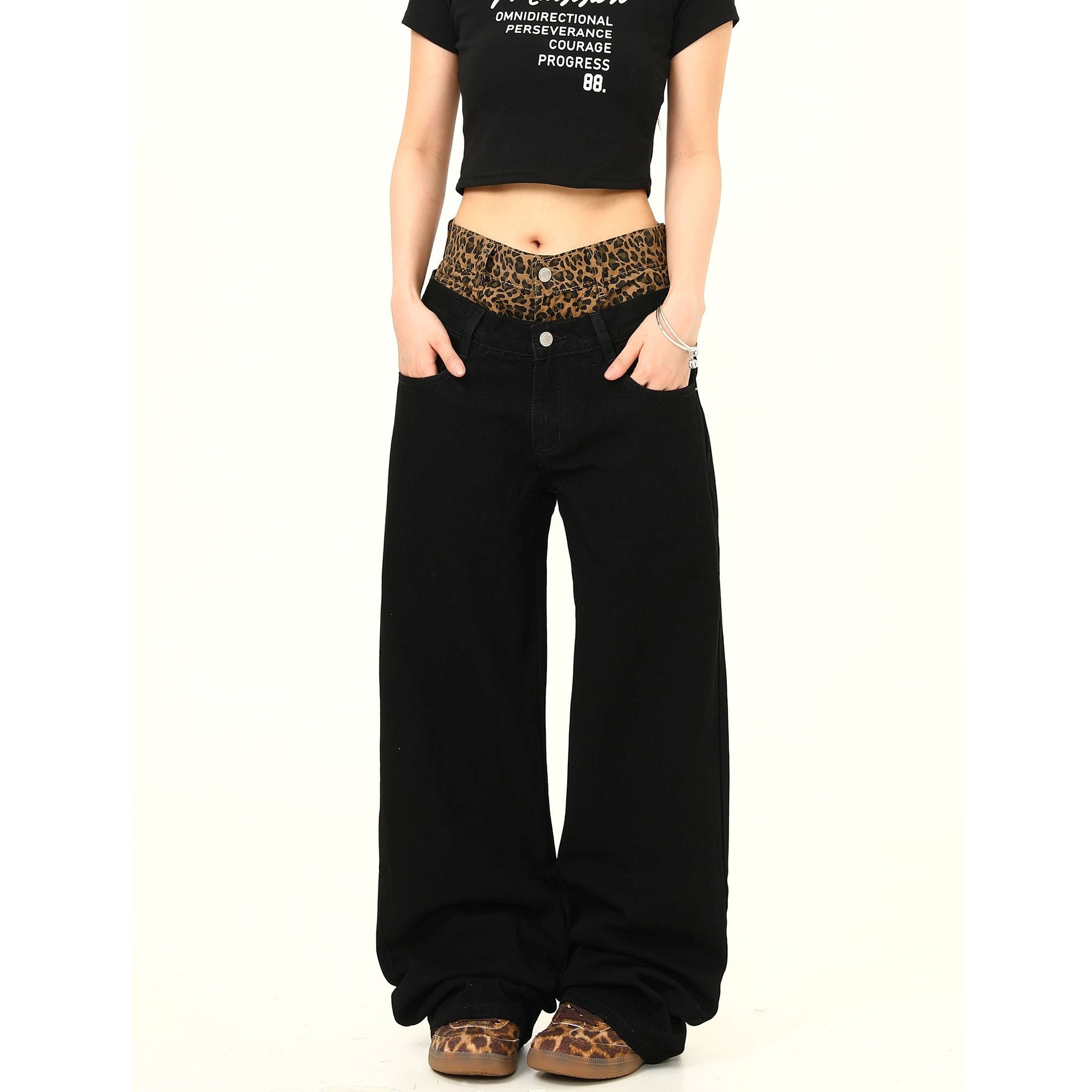 Double Waist Leopard Panel Wide-Leg Jeans MW9278