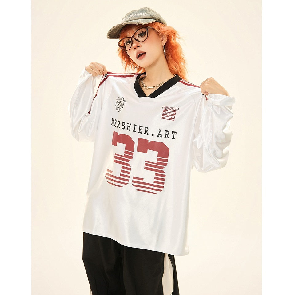 V-neck Sports Style Jersey Long-sleeved T-shirt MW9285