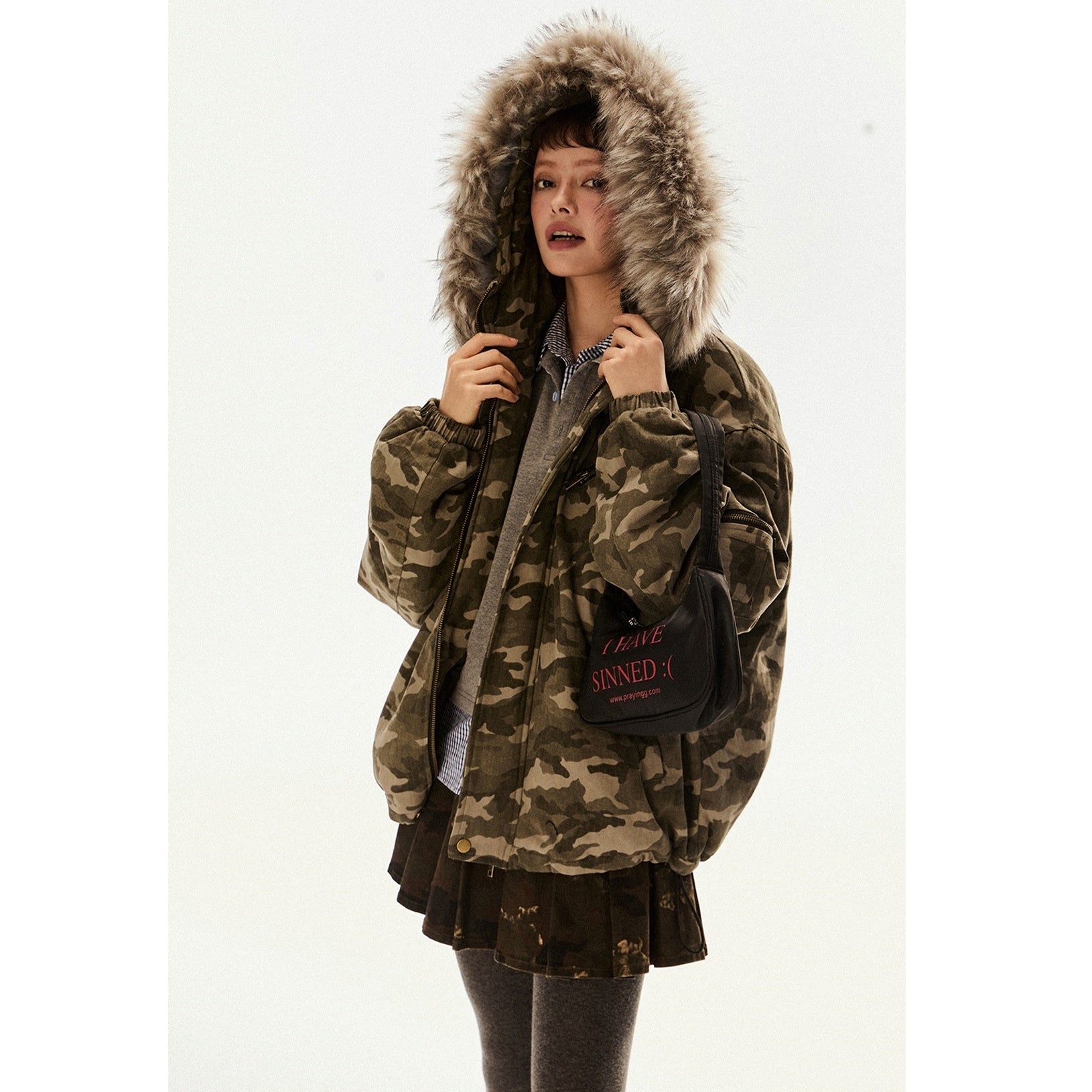 Military Style Camouflage Fur Collar Hooded Jacket EZ205