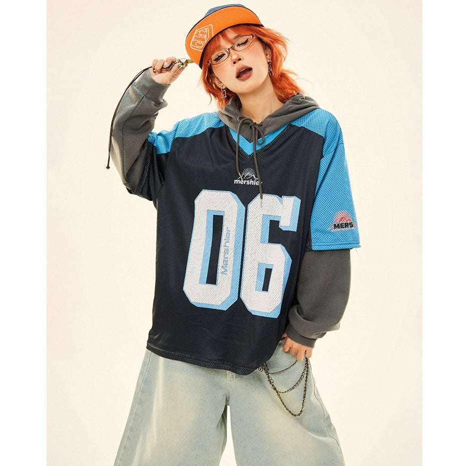 Vintage Fake Layered Sporty Hooded Pullover MW9333