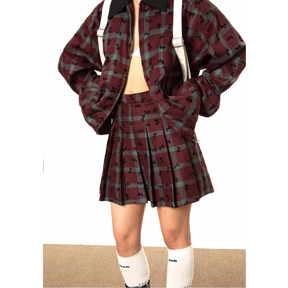 【上下別売り】Bow Print Contrast Plaid Jacket & Pleated Short Skirt Set-up MW9494