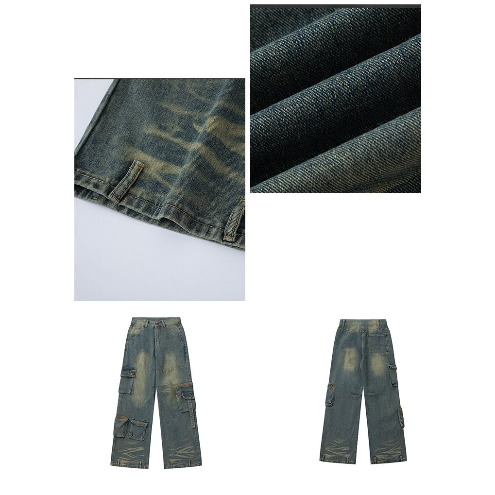 Retro Wash Distressed Loose Cargo Jeans RH027