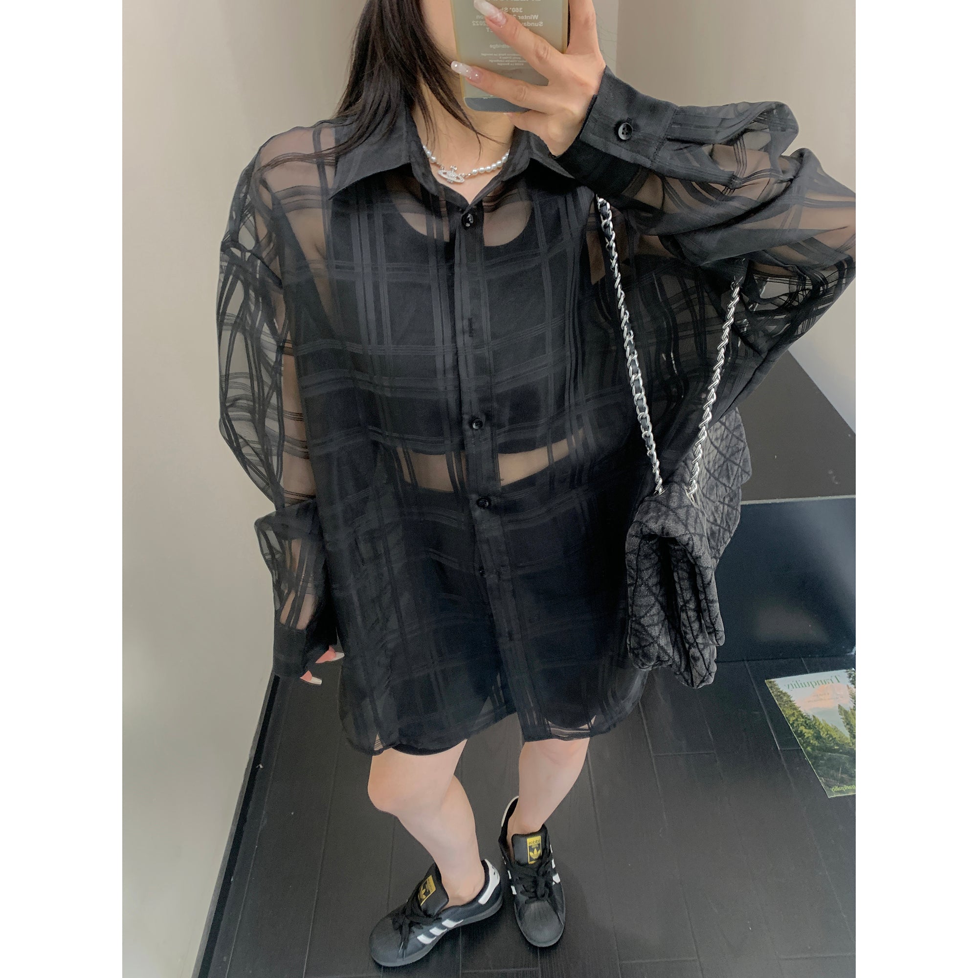 Plaid Mesh Sunscreen See-through Shirt MW10080