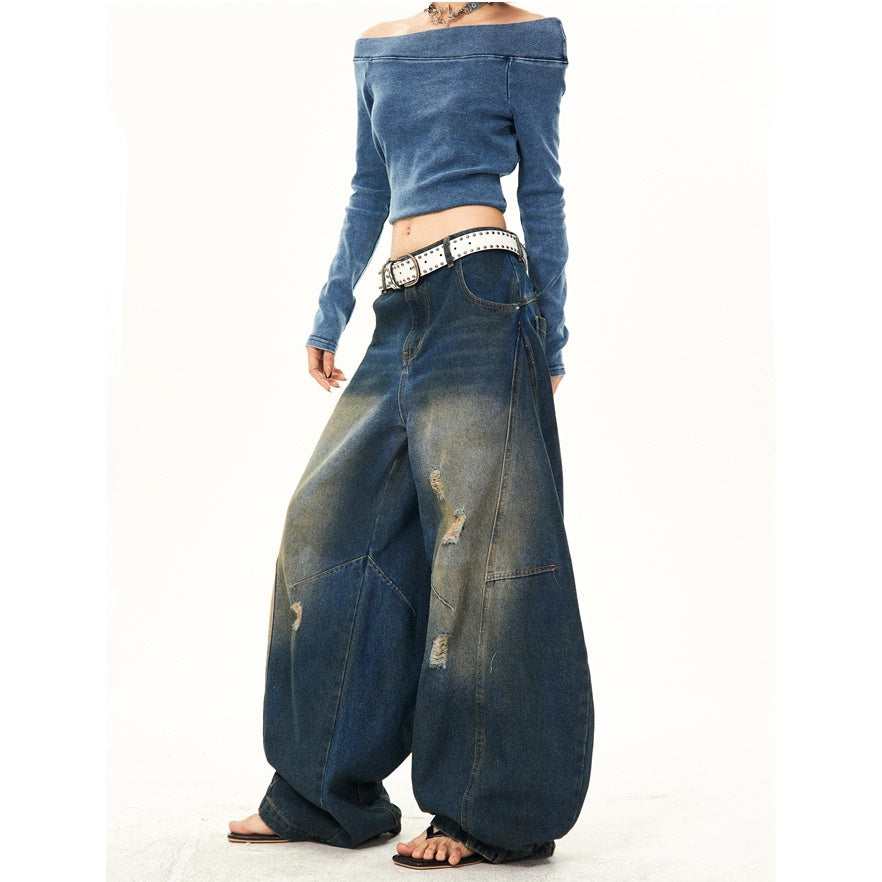 Retro Washed Ripped Stitch Design Loose Jeans YS7007