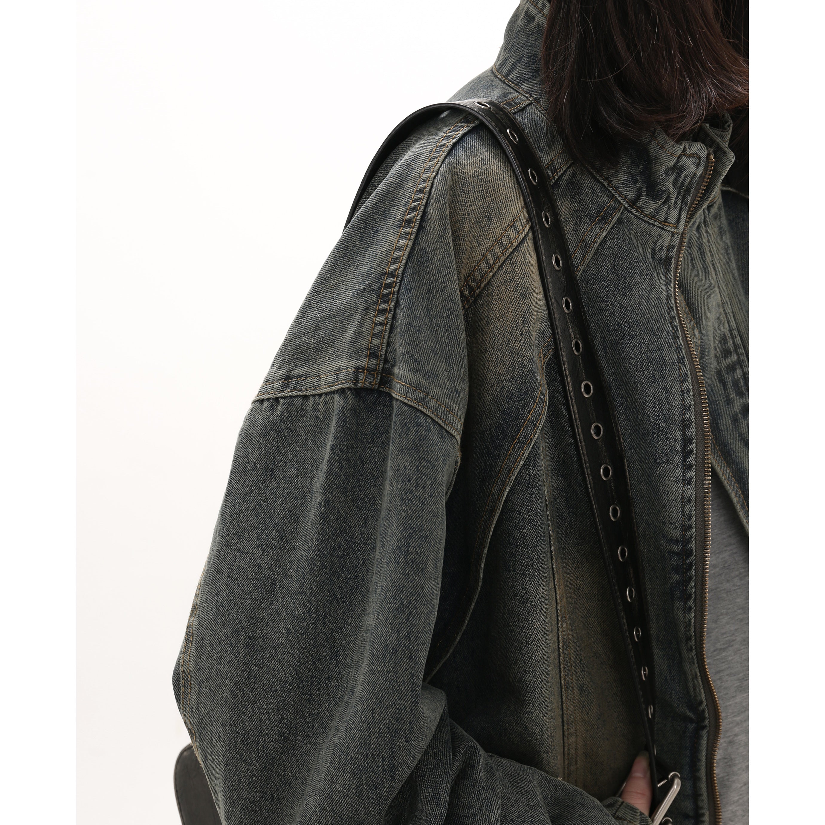 retro distressed stand-collar denim jacket GB7007