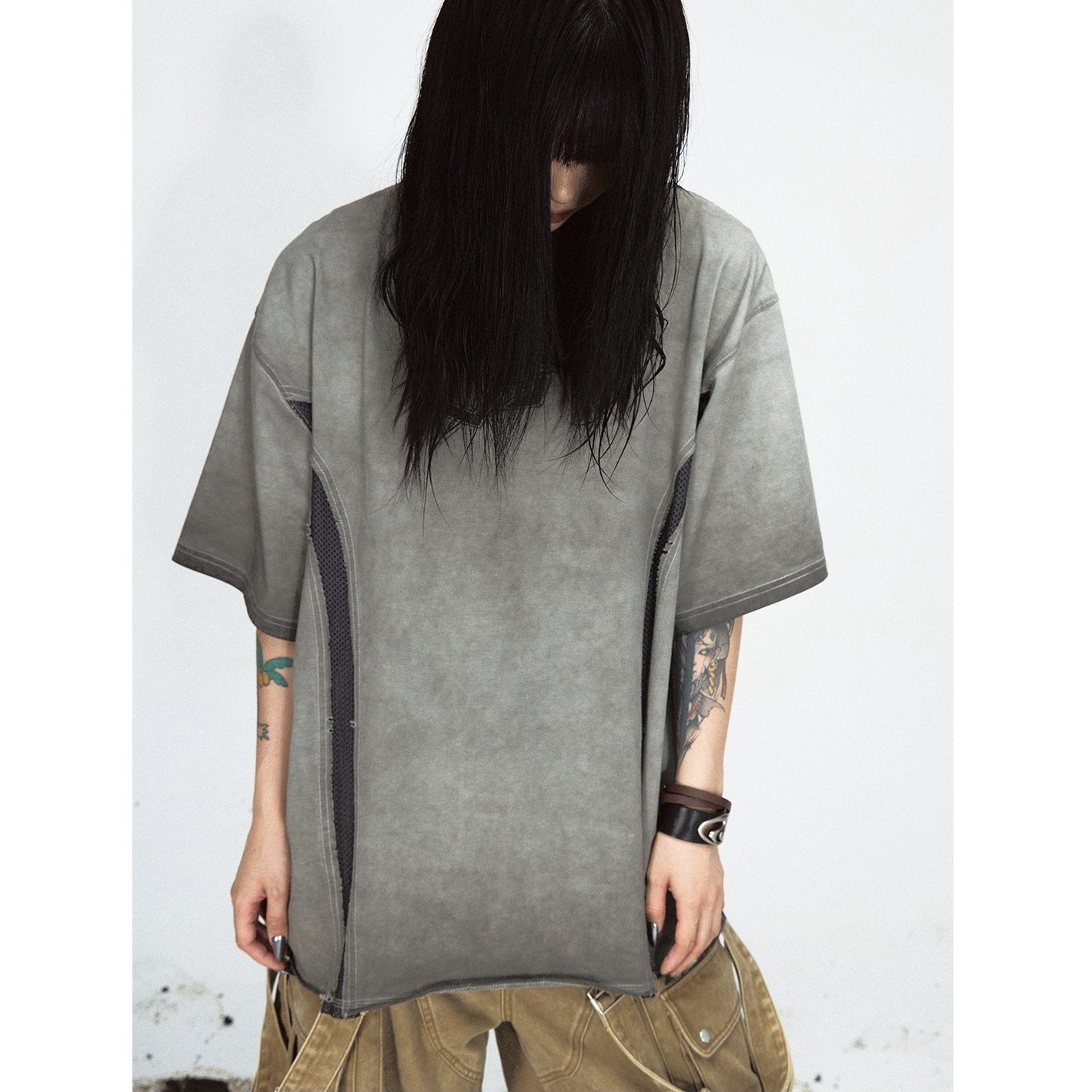 Split Mesh Panel Design Washed T-shirt PS7008