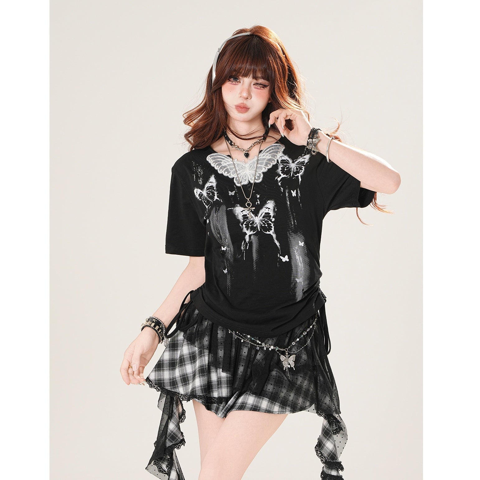 Butterfly Lace Side Gather T-shirt KK2047